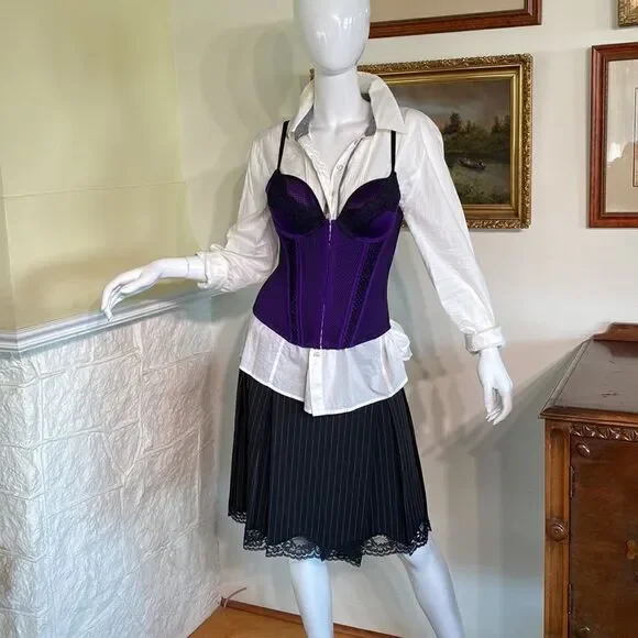 La SENZA Bustier Purple Black Lace Open Cross Back Medium - Picture 4 of 16